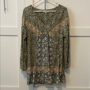 Skies Are Blue Olive Green Floral Mixed-Print Tunic with Mustard Accents